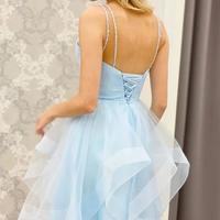 SP2104,Light blue tulle homecoming dresses,beaded graduation dress,ruffle short prom dress - Thumbnail 1