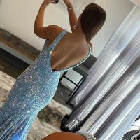SP2101,Glitter blue sequin long prom dresses mermaid v-neck evening dress - Thumbnail 1
