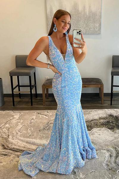 SP2101,Glitter blue sequin long prom dresses mermaid v-neck evening dress