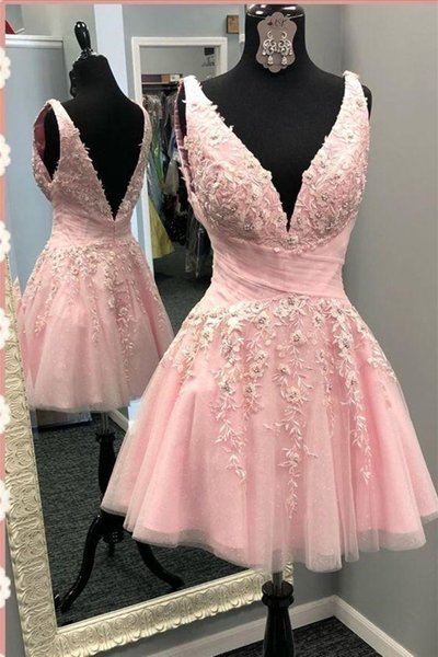 SP2109,Pink v-neck floral tulle homecoming dress mini graduation dress