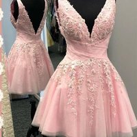 SP2109,Pink v-neck floral tulle homecoming dress mini graduation dress - Thumbnail 1