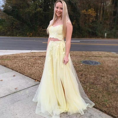 Sp2097,stylish two pieces pastel yellow lace tulle prom evening dresses