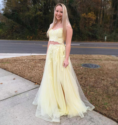 SP2097,Stylish two pieces pastel yellow lace tulle prom evening dresses