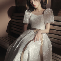 White lace long prom dress A line evening dress - Thumbnail 2