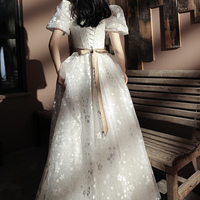 White lace long prom dress A line evening dress - Thumbnail 3