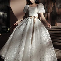 White lace long prom dress A line evening dress - Thumbnail 4