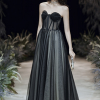 Black tulle long prom dress A line eveing dress - Thumbnail 1