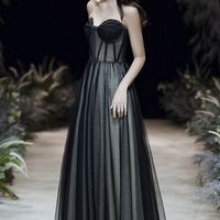 Black tulle long prom dress A line eveing dress - Thumbnail 2