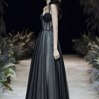 Black tulle long prom dress A line eveing dress - Thumbnail 4