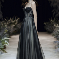 Black tulle long prom dress A line eveing dress - Thumbnail 5