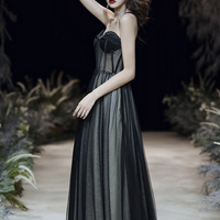 Black tulle long prom dress A line eveing dress - Thumbnail 6