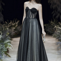 Black tulle long prom dress A line eveing dress - Thumbnail 7