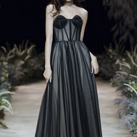 Black tulle long prom dress A line eveing dress - Thumbnail 8