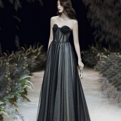 Black tulle long prom dress a line eveing dress - Thumbnail 2