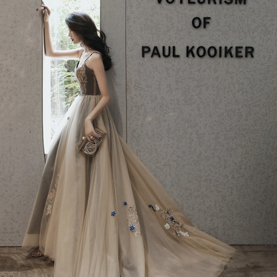 Stylish tulle lace long prom dress a line evening dress - Thumbnail 2