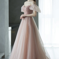 Pink tulle beads long prom dress A line evening dress - Thumbnail 1