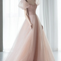 Pink tulle beads long prom dress A line evening dress - Thumbnail 2