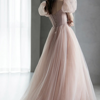 Pink tulle beads long prom dress A line evening dress - Thumbnail 5