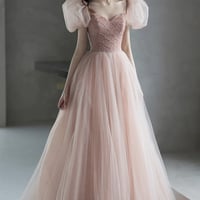 Pink tulle beads long prom dress A line evening dress - Thumbnail 4