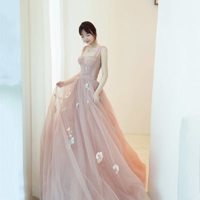 Pink tulle lace long prom dress a line evening dress - Thumbnail 2