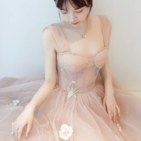 Pink tulle lace long prom dress A line evening dress - Thumbnail 1