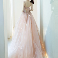Pink tulle lace long prom dress A line evening dress - Thumbnail 2