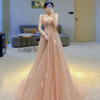 Pink tulle lace long prom dress A line evening dress - Thumbnail 3