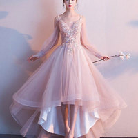 Pink tulle high low prom dress, pink tulle evening dress,1407 - Thumbnail 1