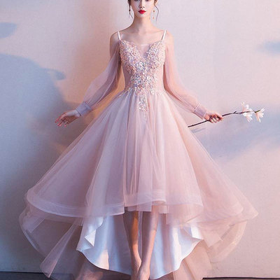 Pink tulle high low prom dress, pink tulle evening dress,1407