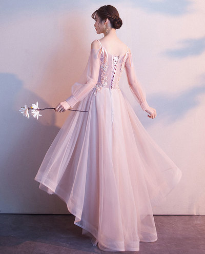 Pink tulle high low prom dress, pink tulle evening dress,1407