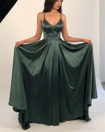 Olivia Green Spaghetti Straps V-Neck Satin A line Evening Dresses,1409