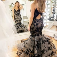 Black lace long prom dress mermaid evening dress,1410 - Thumbnail 2