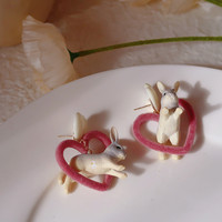 Velvet love furry rabbit cartoon earrings - Thumbnail 4