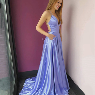 Lilac satin v neck spaghetti straps long prom dress with pockets,1413