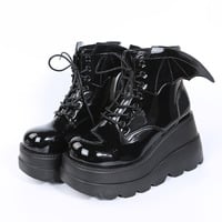 Black Wedge Heeled Platform Ankle Boots With Wings - Thumbnail 7