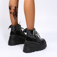 Black Wedge Heeled Platform Ankle Boots With Wings - Thumbnail 6