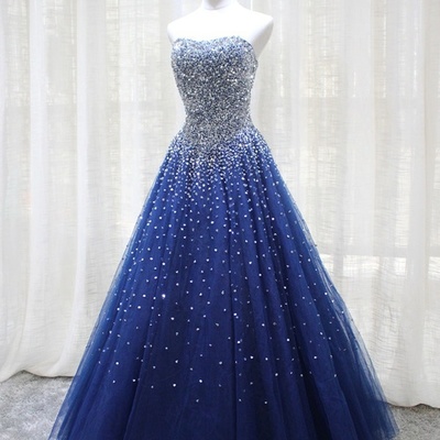 Fashion light blue sleeveless strapless sweetheart prom dress,tulle beaded evening dress,1415