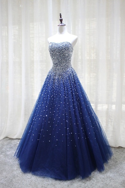 Fashion light blue sleeveless strapless sweetheart prom dress,tulle beaded evening dress,1415