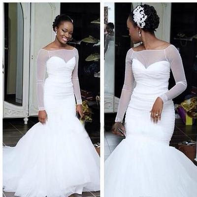 Long sleeve mermaid wedding dresses new designer white organza sweep train sheer cheap bridal gowns sexy vestidos custom made,856 - Thumbnail 1