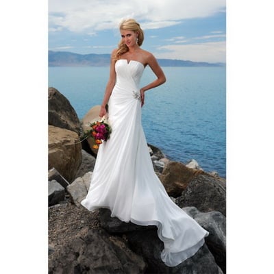Simple beach boho chiffon wedding dresses, sheath strapless ruched bodice bridal gowns,857
