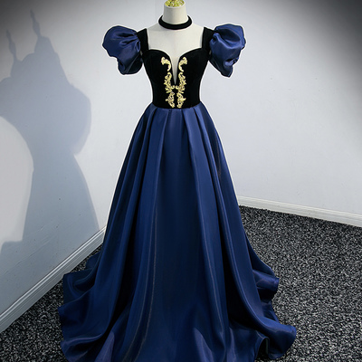 Blue satin lace long prom dress blue evening dress - Thumbnail 2