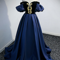 Blue satin lace long prom dress blue evening dress - Thumbnail 3