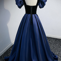 Blue satin lace long prom dress blue evening dress - Thumbnail 4