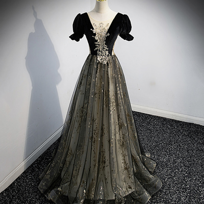 Black tulle sequins long prom dress evening dress - Thumbnail 2