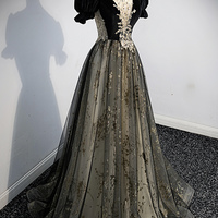 Black tulle sequins long prom dress evening dress - Thumbnail 2