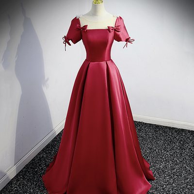 Burgundy satin long prom dress a line evening dress