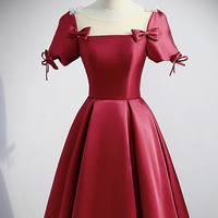 Burgundy satin long prom dress A line evening dress - Thumbnail 1