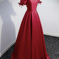 Burgundy satin long prom dress A line evening dress - Thumbnail 2
