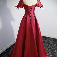 Burgundy satin long prom dress A line evening dress - Thumbnail 3