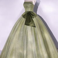 Green tulle long prom dress A line evening dress - Thumbnail 2
